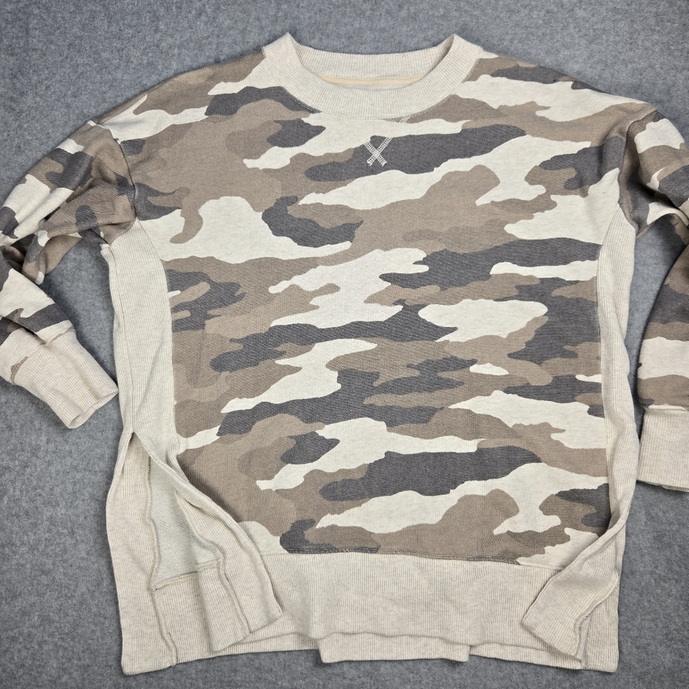Aerie Womens Camouflage Crewneck Sweater - Tan, Cream, Gray, Split Side